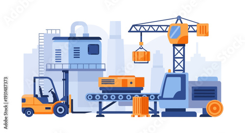 Industrial Logistics and Manufacturing Process Illustration with Forklift, Crane, and Conveyor Belt. Modern Factory Production and Supply Chain Automation Concept