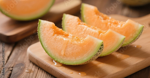 Cut Hami melon pieces are placed on a bamboo cutting board, with plump flesh and abundant juice, showing the texture of fresh and attractive summer fruits, making it a material image suitable for food