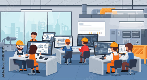 Engineers Team Collaborating on Industrial Design & Project Development in Modern Control Room