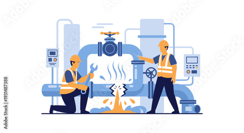 Plumbers & Technicians Repairing Leaking Industrial Pipe System - Maintenance and Emergency Service