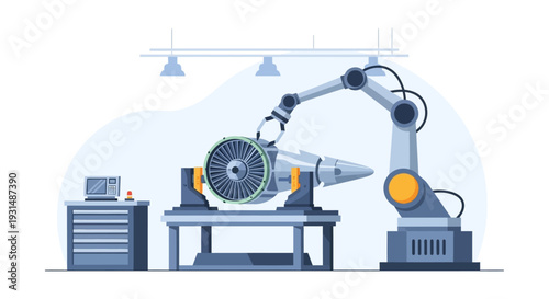 Robotic Arm Assembling Jet Engine in Automated Manufacturing Facility. Industry 4.0 Precision Production with Advanced Technology and Artificial Intelligence.