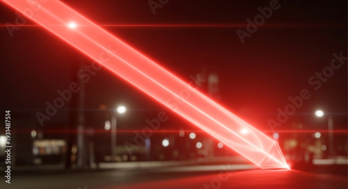Bright Red Laser Beam Shining Downward at Night.
