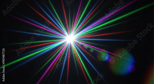Colorful laser light beams radiating from a central bright point.
