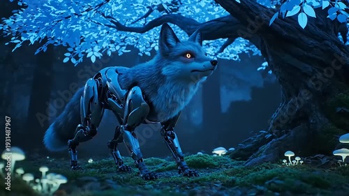 Mysterious Fox in Dark Forest Scene.