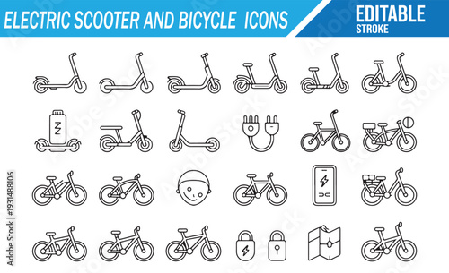 Electric Scooter and Bicycle Icon Set Editable Outline Vector Urban Mobility Collection
