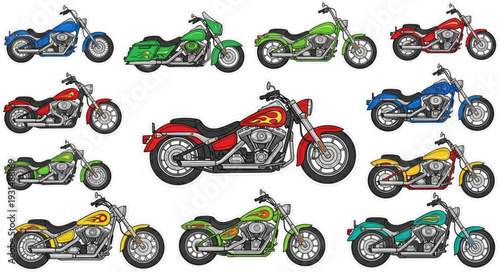 Collection of diverse custom motorcycles in various colors.