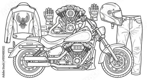 Motorcycle Engine and Rider Gear Illustration.