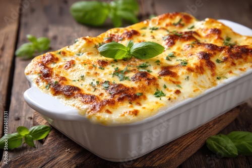 Baked lasagna in white dish on wood