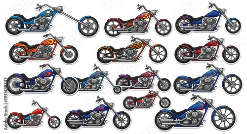 Collection of Custom Chopper Motorcycles Displayed Together.
