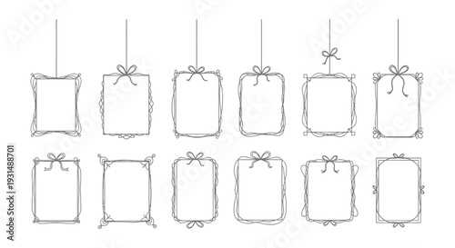 a collection of hand-drawn decorative outline frames with bows and ribbons perfect for elegant design elements or greeting card templates