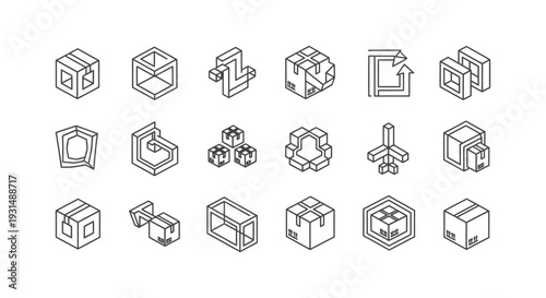 a collection of isometric line art icons representing various geometric boxes packaging and abstract shapes for modern logistics and graphic design