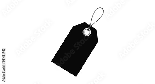 a blank black price tag with metal eyelet and string ready for custom text on a white background ideal for sale or product labeling