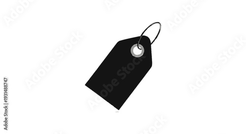 a black price tag with a metal eyelet and ring presented on a clean white background ideal for sale announcements product pricing or markdown concepts.