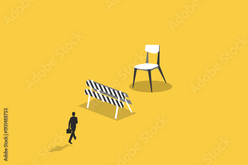 Businessman walking toward a giant white chair behind a road barrier, representing career ambition, promotion, leadership, and professional growth
