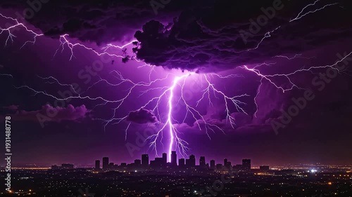 City skyline under purple lightning storm