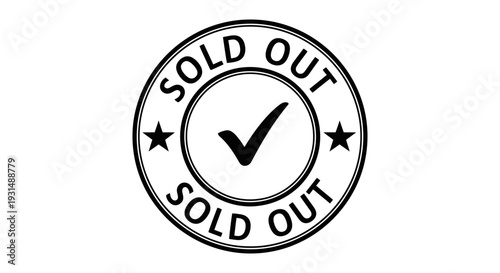 a bold sold out stamp graphic featuring a checkmark perfectly illustrating unavailability for products or events.