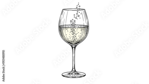 Classic hand-drawn sketch of a glass of sparkling wine or champagne with bubbles, illustrated in a detailed, vintage engraving style.