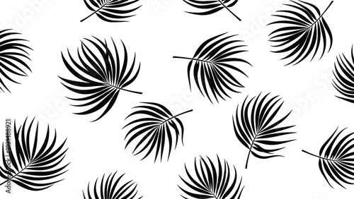 Simple and elegant seamless pattern of scattered black tropical palm leaves on a clean, stark white background for a modern design.