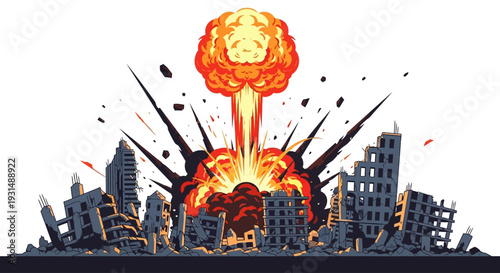 Big bomb explosion with shrapnel and fireball in city near the building, destroyed buildings ruins and concrete, war destruction concept illustration isolated on white background 