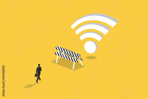 Businessman walking toward a giant WiFi symbol behind a road barrier, representing connectivity challenges, internet access obstacles, and digital transformation