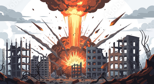 Big bomb explosion with shrapnel and fireball in city near the building, destroyed buildings ruins and concrete, war destruction concept illustration isolated on white background 