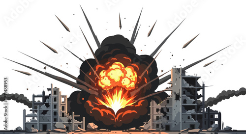 Big bomb explosion with shrapnel and fireball in city near the building, destroyed buildings ruins and concrete, war destruction concept illustration isolated on white background 