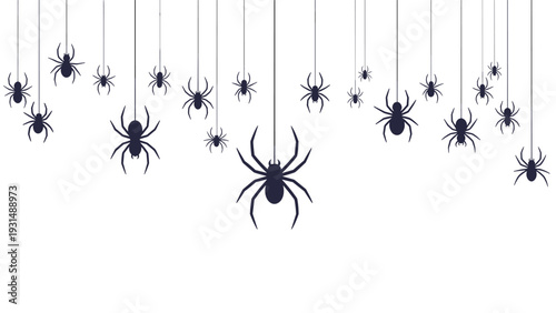 Minimalist Halloween design featuring numerous black spider silhouettes of various sizes hanging down from threads on a white background.