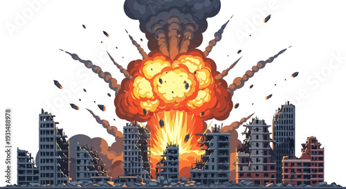 Big bomb explosion with shrapnel and fireball in city near the building, destroyed buildings ruins and concrete, war destruction concept illustration isolated on white background 