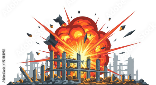 Big bomb explosion with shrapnel and fireball in city near the building, destroyed buildings ruins and concrete, war destruction concept illustration isolated on white background 