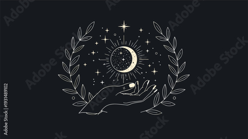 Mystical and esoteric illustration of a hand holding a crescent moon and sun, surrounded by stars and a laurel wreath on black.