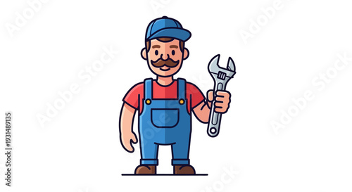 Cartoon mechanic holding wrench in blue overalls and cap