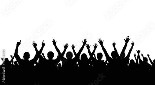 Silhouette of Crowd with Raised Hands Celebrating Against White Background