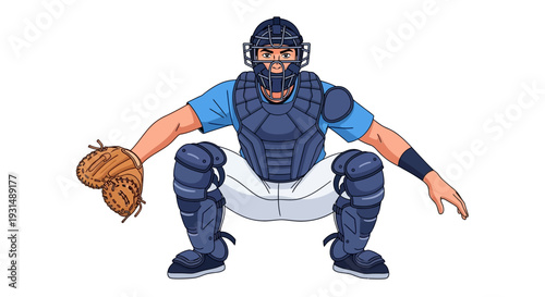 Illustration of a Baseball Catcher in Protective Gear