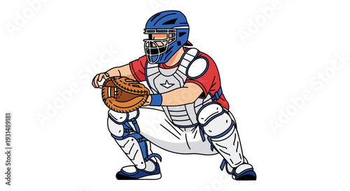 Baseball catcher in protective gear preparing to catch ball
