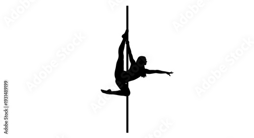 Silhouette of a dancer performing pole dance against white background