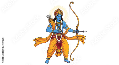 illustration of Lord Rama with bow arrow with Hindi text meaning Shree Ram Navami celebration background for religious holiday of India