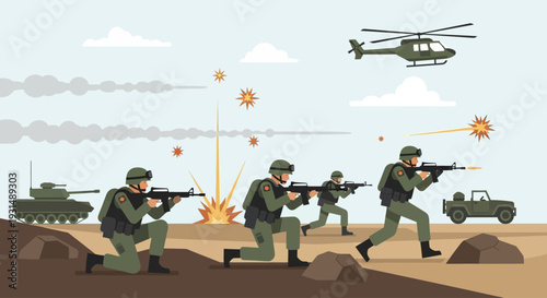 Military vector illustration army combat. Special forces soldiers in tactical gear with rifles, military uniforms, combat equipment, standing and walking, black and white vector illustration
