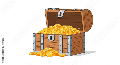 Treasure chest overflowing with gold coins on white background