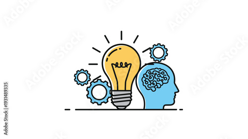 Conceptual illustration of creativity and brainstorming with a light bulb, gears, and a human head silhouette with a brain icon.