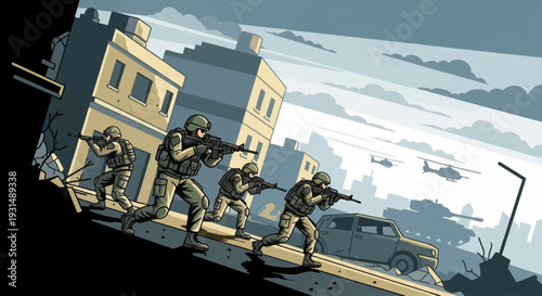 Military vector illustration army combat. Special forces soldiers in tactical gear with rifles, military uniforms, combat equipment, standing and walking, black and white vector illustration