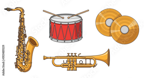 Set of Musical Instruments with Saxophone, Drum, Trumpet, and Cymbals