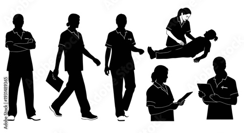 Medical professionals in various poses and activities depicted in silhouette against a clean background from different viewpoints