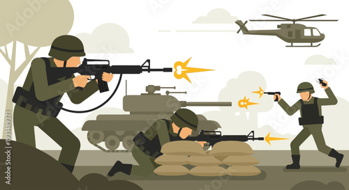Military vector illustration army combat. Special forces soldiers in tactical gear with rifles, military uniforms, combat equipment, standing and walking, black and white vector illustration