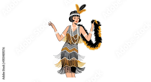 Elegant woman in vintage 1920s flapper dress with feather boa
