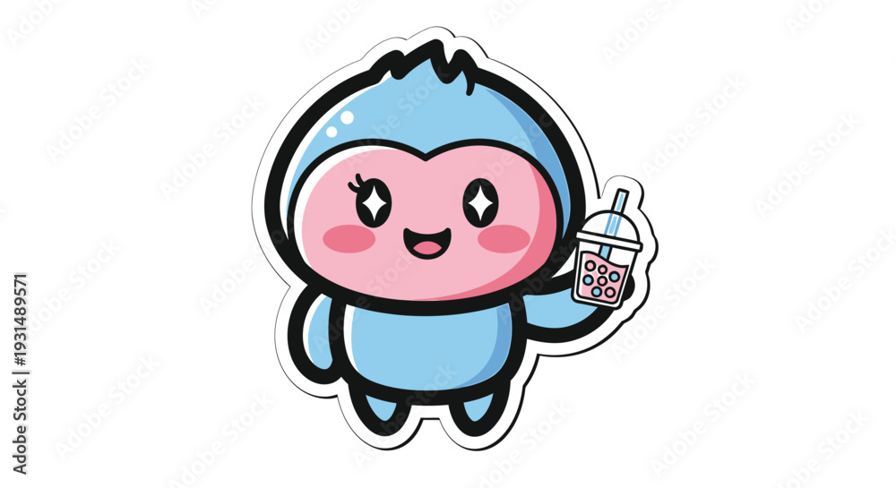 Obraz premium A cartoon character in blue attire holding a drink in a casual setting