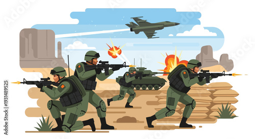 Military vector illustration army combat. Special forces soldiers in tactical gear with rifles, military uniforms, combat equipment, standing and walking, black and white vector illustration