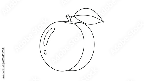 Simple black and white outline of a whole plum or apricot with a single leaf, suitable for a children's coloring page or icon.