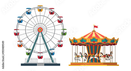 Colorful Ferris Wheel and Carousel on White Background