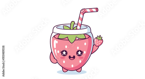 A cartoon strawberry character holding a refreshing drink with a straw and ice, standing alone.