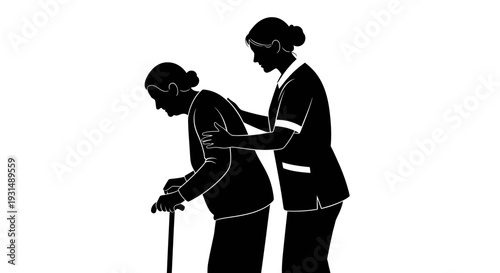 Caregiver assisting elderly woman with walking stick, side view illustration